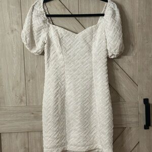 Lena White Textured Mini Dress with Puff Sleeves